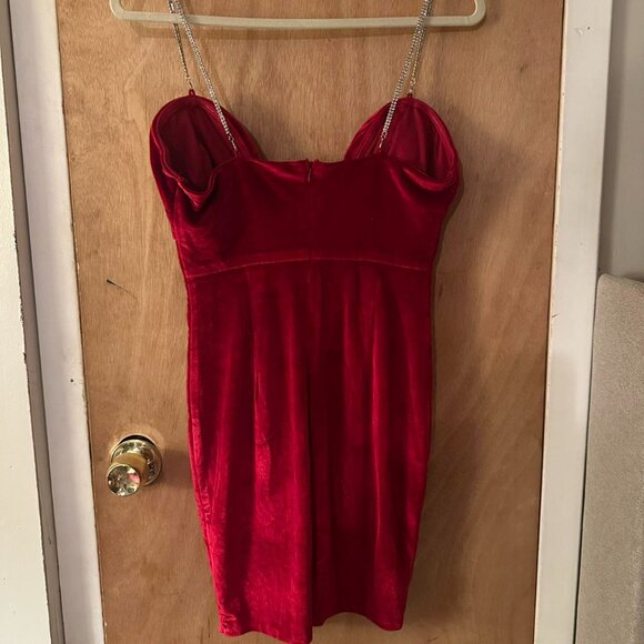 Fashion Nova - Red Velvet Mini Dress with Rhinestone Chain Straps - Picture 2 of 3